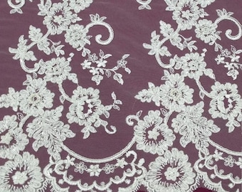 Ivory lace fabric, beaded french wedding lace