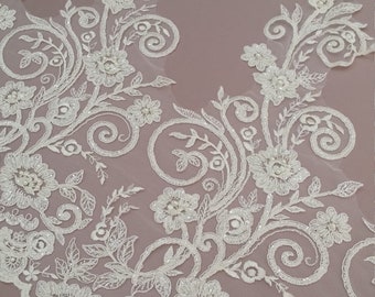 Cream lace trim pearls white wedding lace sold by the meter