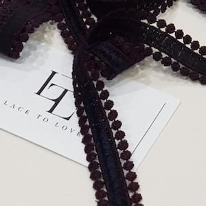Black with dark aubergine color lace ribbon by the meter, LMF501