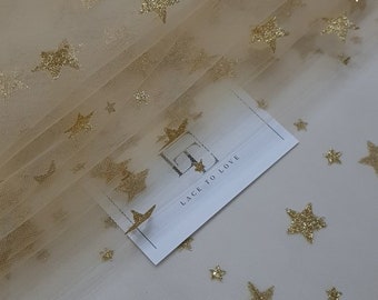 Ivory tulle fabric with gold stars, cream fabric with gold star pattern, Ivory tulle fabric, sold by the meter, TK9540