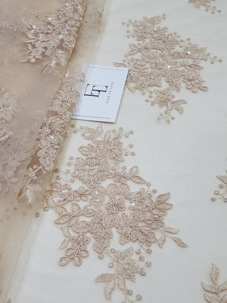 EVS162CB Beige Wedding Lace Fabric Beige Lace Beads