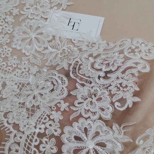 Cream lace trim, Ivory Alencon lace fabric, EEV2101