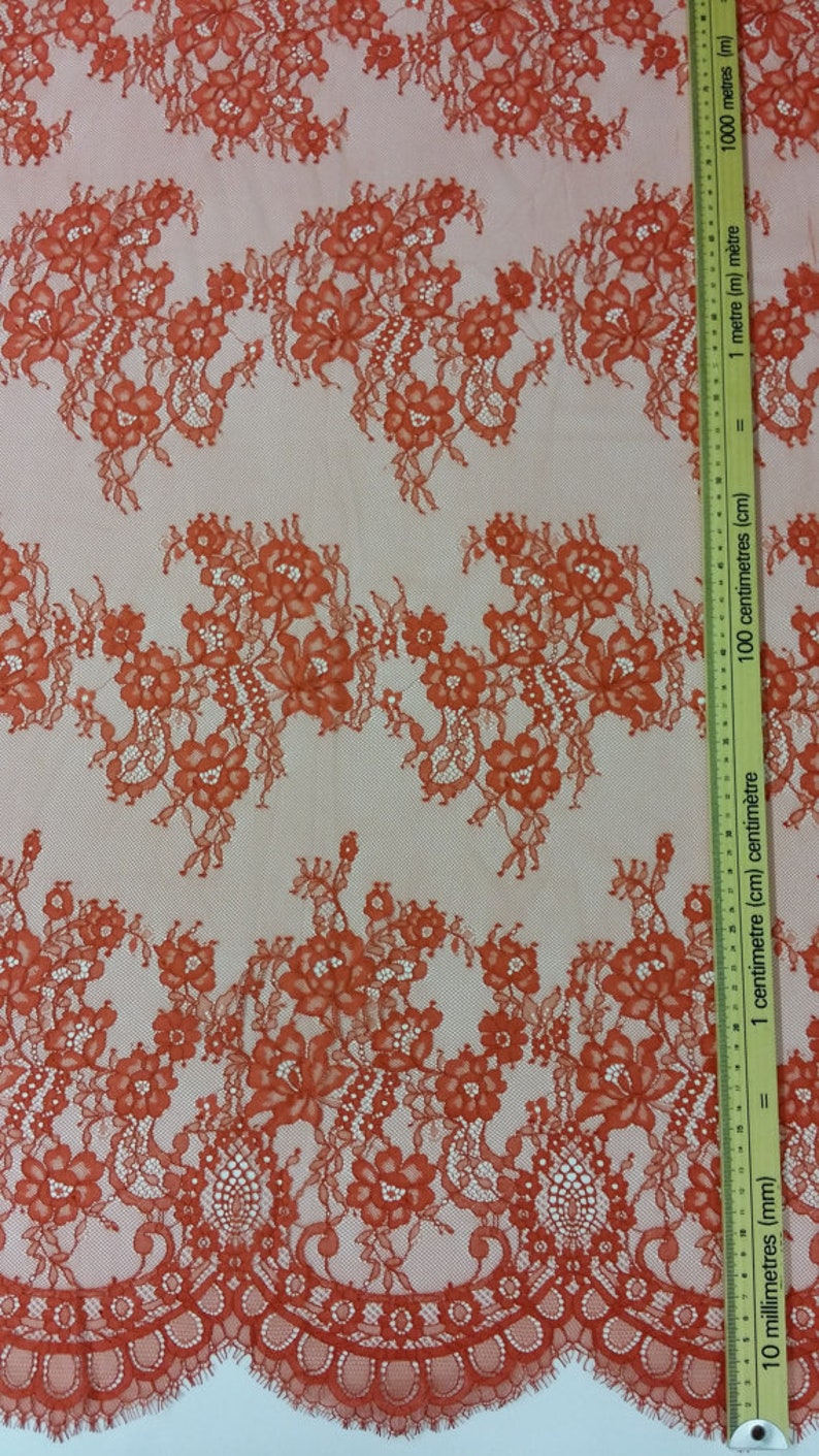 Red with orange shade lace fabric by the yard, French Chantilly Lace, L39122 image 4