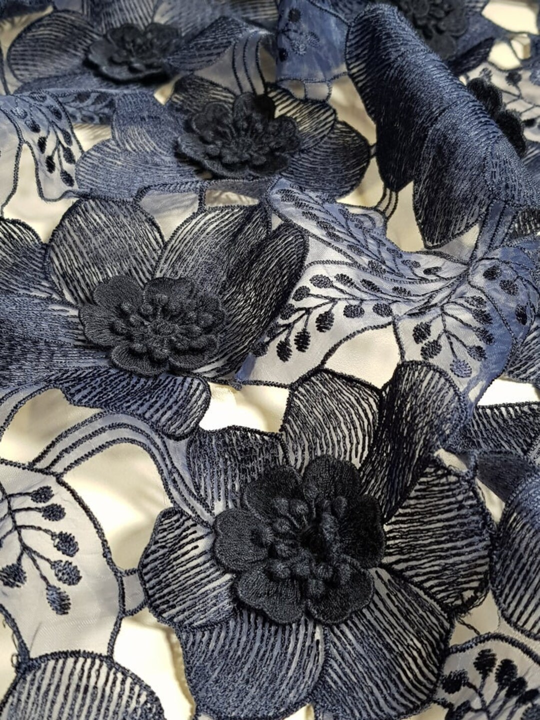 Blue Embroidered 3D Lace, Navy Blue Lace Fabric by Lace to Love, Floral ...
