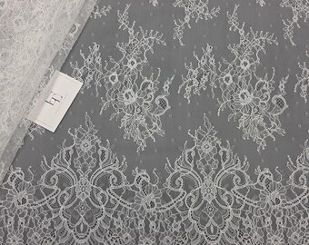 Ivory lace fabric, white French lace, cream Chantilly wedding lace, bridal lace fabric by the meter EVS83325