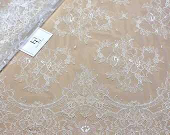 Ivory lace fabric, white French lace, cream Chantilly wedding lace, bridal lace fabric by the meter LK3004