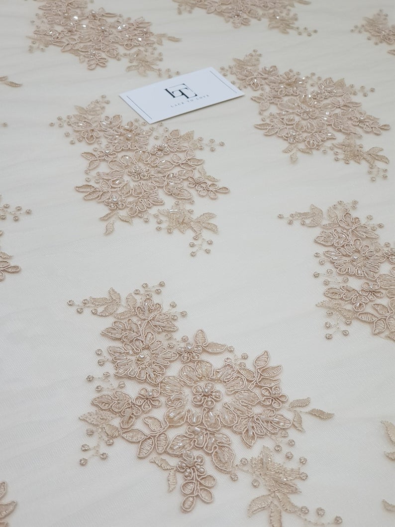 EVS162CB Beige Wedding Lace Fabric Beige Lace Beads