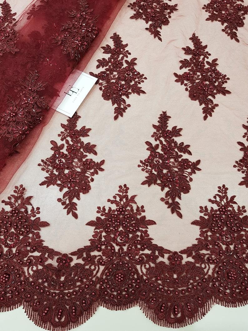 Beaded Burgundy Lace Fabric Sequin Lace French Lace Etsy