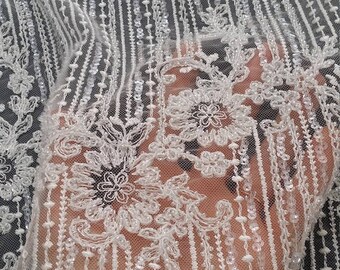 Beaded ivory lace fabric, Sequin lace, French lace, Chantilly lace, Bridal lace, Wedding lace White lace Embroidered Floral lace EVS135CSB