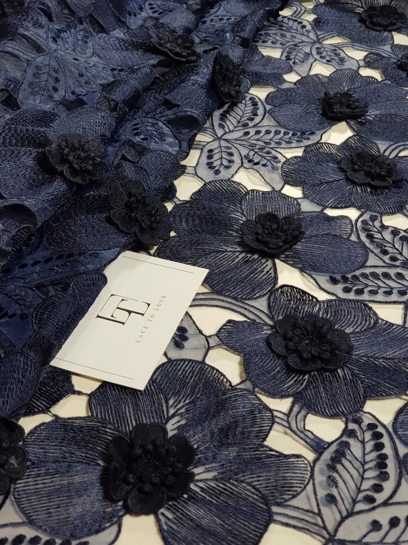 Blue Embroidered 3D Lace, Navy Blue Lace Fabric by Lace to Love, Floral ...