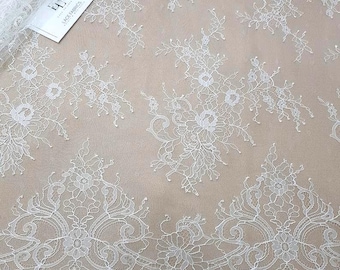 Ivory lace fabric, white French lace, cream Chantilly wedding lace, bridal lace fabric by the meter EVS83325