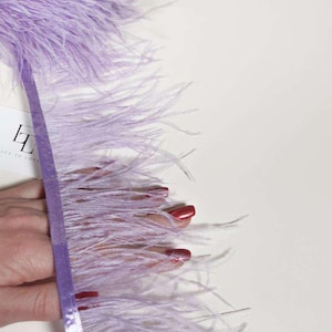 Könnte beinhalten: Nahaufnahme einer lavendelfarbenen Federborte mit einem Satinbandrand. Die Federn sind weich und flauschig, mit einer zarten Textur. Das Band hat eine passende Lavendelfarbe. Die Borte befindet sich vor einem weißen Hintergrund.