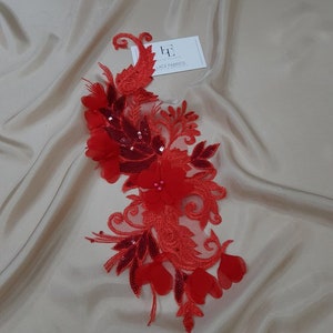 Red lace applique, beaded lace applique, French Chantilly lace applique, 3D lace, bridal lace applique M0096