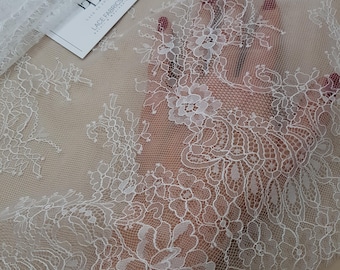 Ivory lace fabric, white French lace, cream Chantilly wedding lace, bridal lace fabric by the meter WD6002