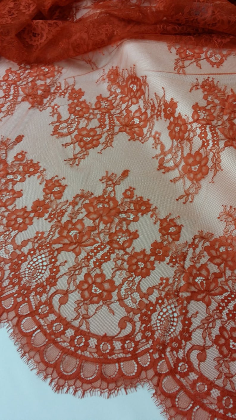 Red with orange shade lace fabric by the yard, French Chantilly Lace, L39122 image 1