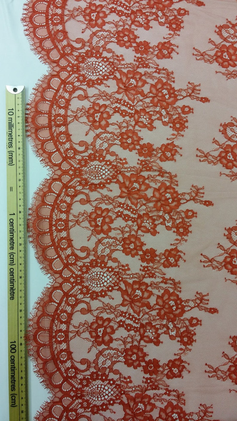 Red with orange shade lace fabric by the yard, French Chantilly Lace, L39122 image 3