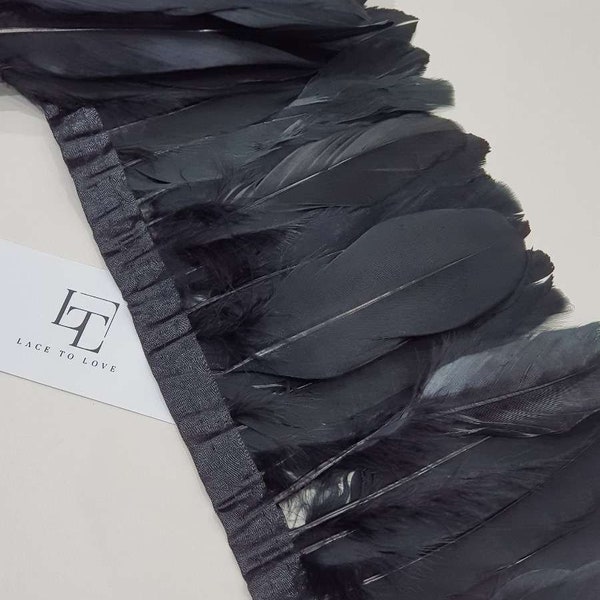 Black natural goose feathers on a ribbon sold by the meter, MC023