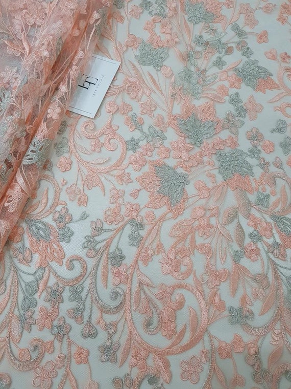 Pink With Silver Lace Fabric Salmon Pink Lace Silver French | Etsy