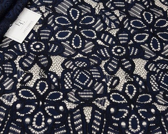 Blue Lace, Dark Blue French Lace Fabric by the Meter, LL89413