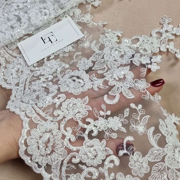 Snow white lace trim pearls, white wedding lace sold by the meter, EEV2136