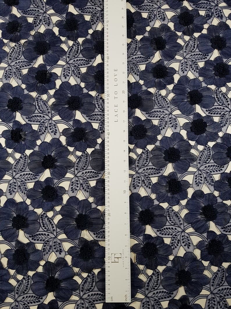 Blue Embroidered 3D Lace, Navy Blue Lace Fabric by Lace to Love, Floral ...