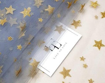 Blue tulle fabric with gold stars, light blue fabric with gold star pattern, fabric by the meter, TK9541