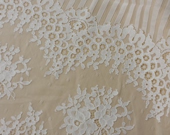 Off white lace fabric, French Chantilly lace