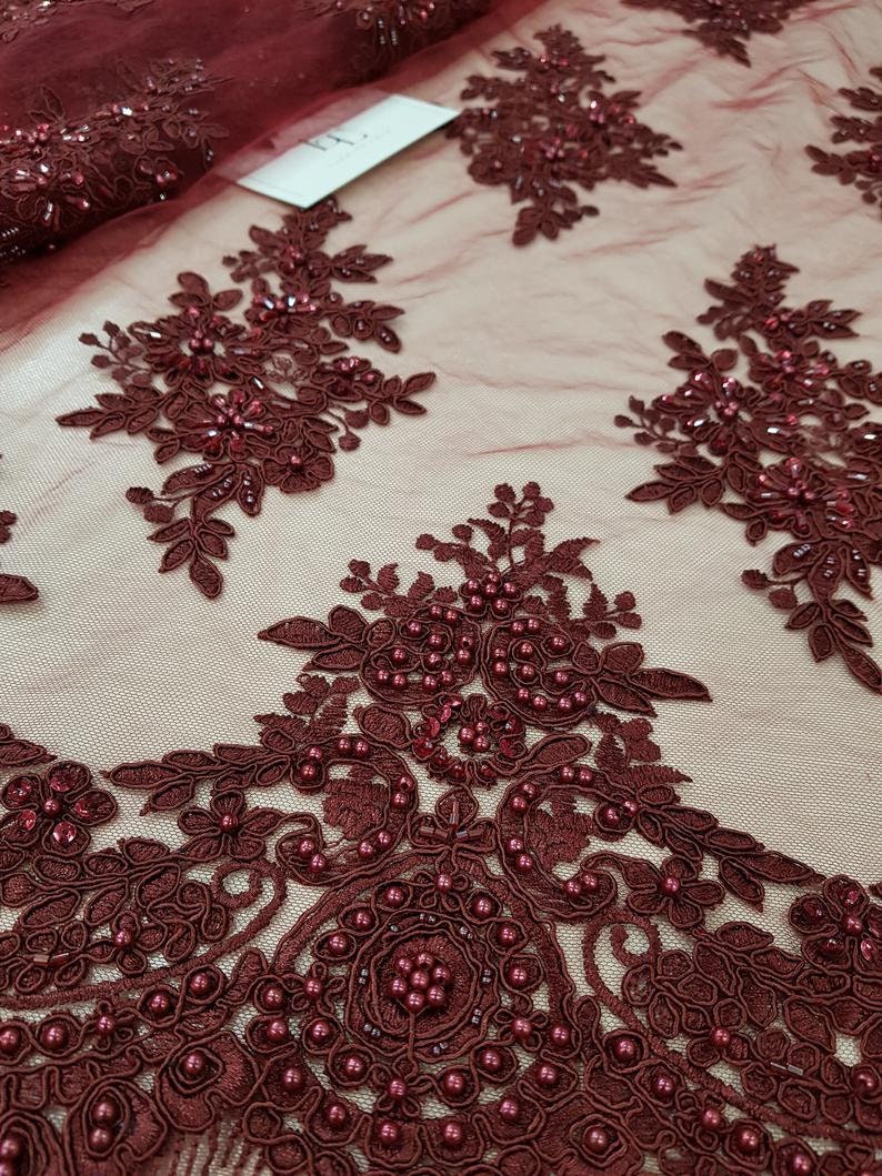 Beaded Burgundy Lace Fabric Sequin Lace French Lace | Etsy