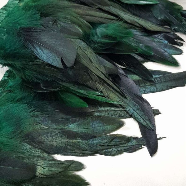 Green with black natural rooster feathers on a ribbon, sold by the meter, MC022