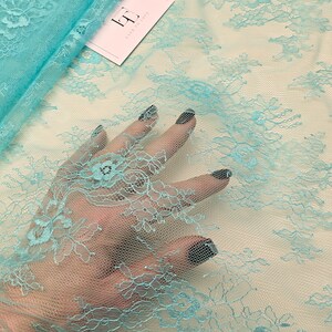 Blau Spitzenstoff, aquablaue französische Chantilly Spitze stoffe, türkisblau Spitzenmaterial für Brautschleier, Meterware, WD2007