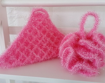 Wellness gift - a peeling towel and shower pompom crocheted from sponge wool, free shower gel