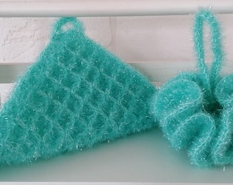 Wellness gift - a peeling towel and shower pompom crocheted from sponge wool, free shower gel