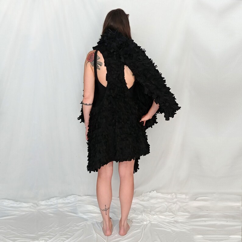 BLACK FRINGE VEST sleeveless cardigan handmade one of a kind high fashion item avant-garde costume design burning man