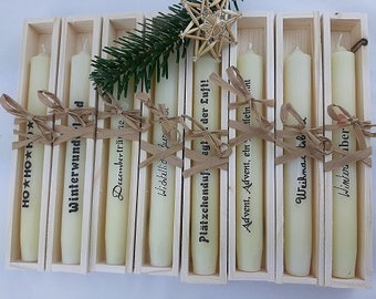 Motiv Kerze Weihnachten, Advent, in Geschenkschachtel aus Holz, 100% Bienenwachs, Dezemberträume, Weihnachten, Plätzchenduft, Wichtel