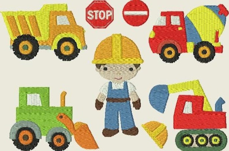 Embroidery file car On the construction site Fleet Construction workers, excavators, trucks image 1