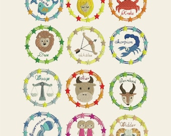 Embroidery file, zodiac sign, horoscope, doodle frame set 561/2 machine embroidery German