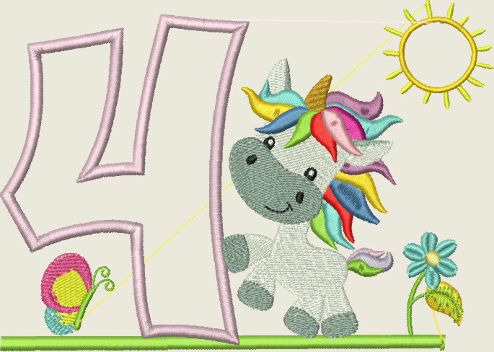 Bordado archivo cumpleaños número 4 unicornio número de | Etsy