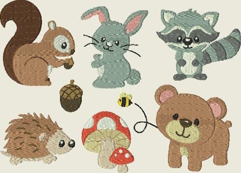 Embroidery file Animals in the forest Bear, raccoon, hare hedgehog, squirrel bee 287 forest animals MAschinen embroidery image 1