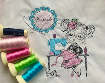 Embroidery file Cute Girl 3 Sewing machine sewing kit Set 933 Machine embroidery Doodle Linear Art Girl on sewing machine