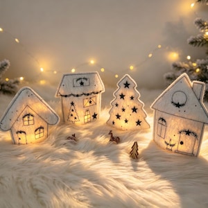 Stickdatei Winterdorf, Dorf mit Baum, Weihnachten Lichthaus 2, In the Hoop,  Haus  Maschinenstickerei  Set 768      13x18 Rahmen