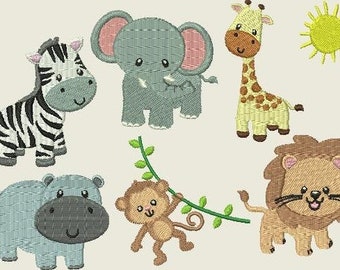 Embroidery File Zoo Friends Giraffe Monkey Elephant Zebra Lion Hippo Sun Zoo Machine Embroidery 10 x 10 cm 4x4"
