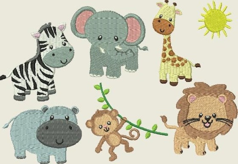 Embroidery File Zoo Friends Giraffe Monkey Elephant Zebra Lion Hippo Sun Zoo Machine Embroidery 10 x 10 cm 4x4 image 1