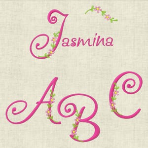 May include: Pink embroidered letters with floral accents. The letters are J, A, B, and C. The name Jasmina is embroidered above the letters.