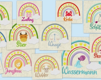 May include: Embroidered patches featuring colourful rainbows with star accents and zodiac signs. Each patch displays a different zodiac symbol and name, including "Steinbock," "Zwilling," and "Krebs."