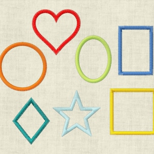 Könnte beinhalten: Ein Satz von sieben verschiedenen Formen, darunter ein Herz, ein Kreis, ein Oval, ein Quadrat, eine Raute, ein Stern und ein Rechteck. Die Formen sind in verschiedenen Farben umrandet, darunter Rot, Orange, Grün, Blau, Türkis, Hellblau und Gelb.