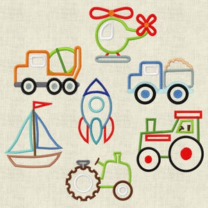 May include: A set of colourful embroidered iron-on patches featuring various vehicles, including a helicopter, a truck, a dumper truck, a rocket, a sailboat, a tractor, and a lawnmower.