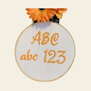 Puede incluir: Un aro de bordado blanco con hilo de bordar naranja. El bordado dice "ABC abc 123".