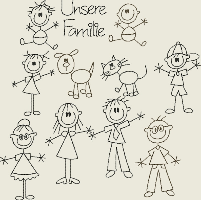 Stickdatei Strichmännchen Familie 4 Maschinenstickerei Etsy