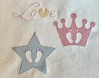 Embroidery file baby, baby feet in crown and star set 934 machine embroidery, birth, baptism