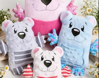 May include: Four plush bear toys in pink, light blue, gray, and white. Each bear features a textured minky fabric body, embroidered facial details, and patterned fabric accents on the ears, hands, and feet. The bears have striped or solid bellies.